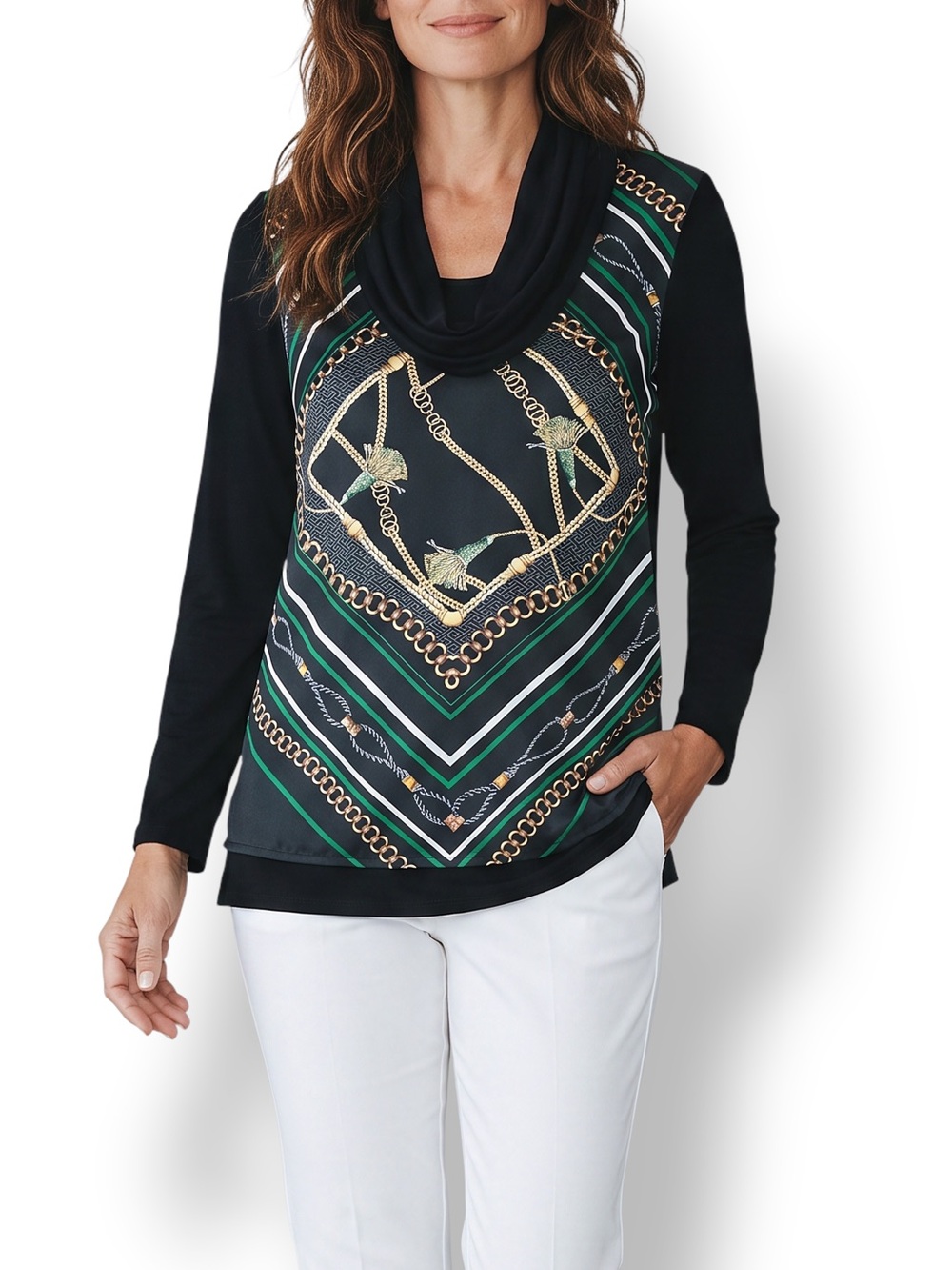 4/$20 Chico’s Zenergy Chain Print Cowl Neck Top Black Green Small 0 4